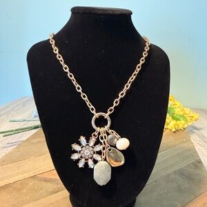 NWT J. Jill Gold Tone Charm Necklace w/ Labradorite Stone Rhinestone Floral
